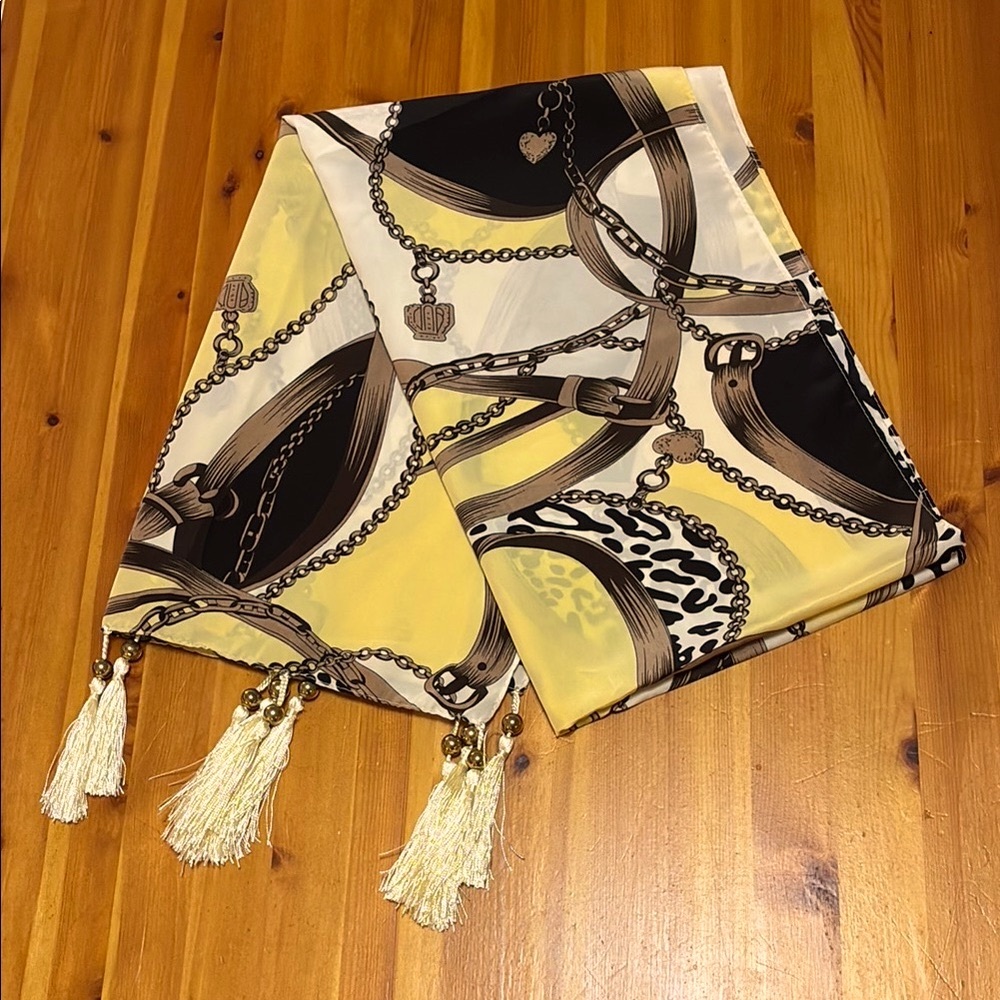 Jeweled Yellow, Tan and Black Graphic Long Scarf with Tassels
